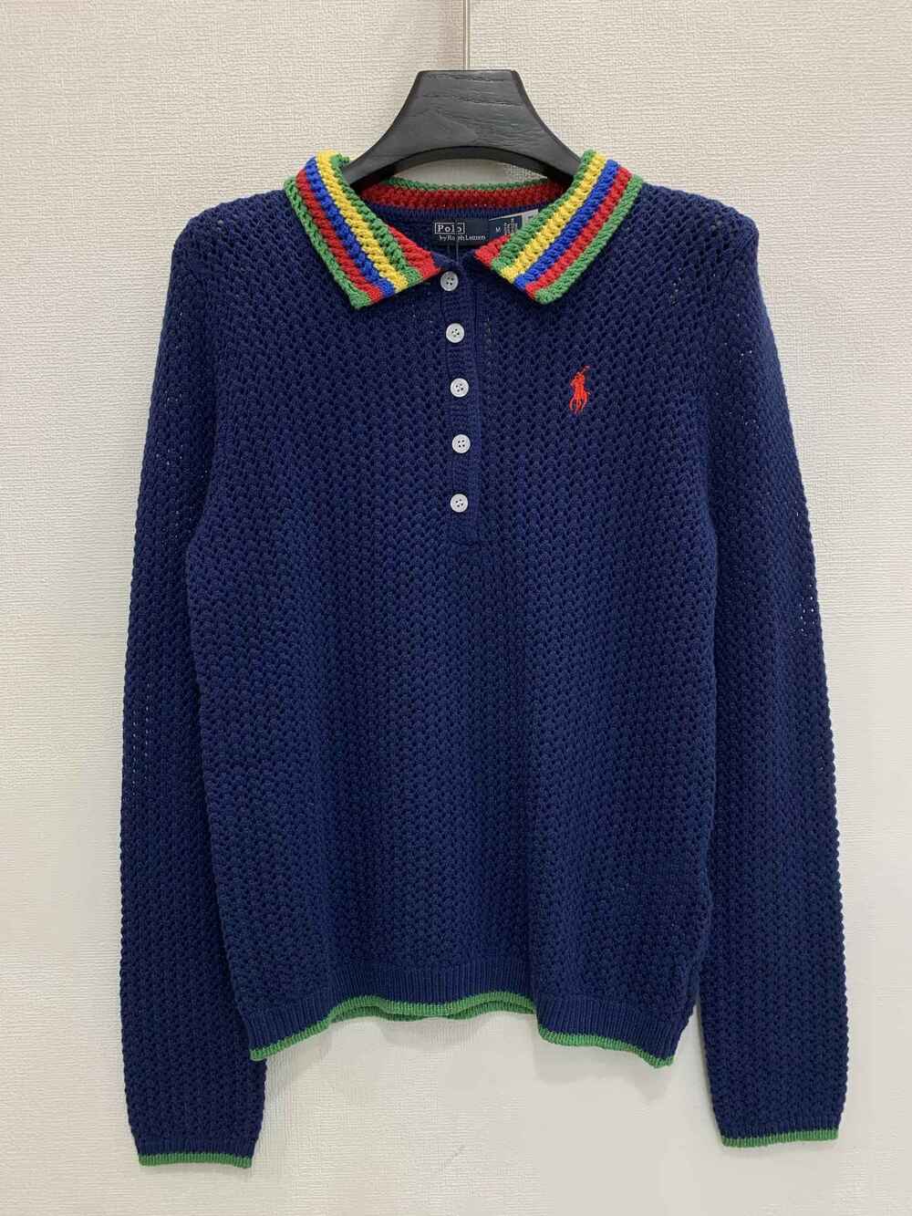 Polo Ralph Lauren Navy Open Knit Rainbow Collar Polo Sweater